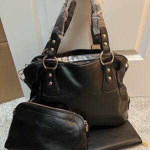 Yzaoll 3 piece set Classic Black Faux Leather Tote Bag with Pouch